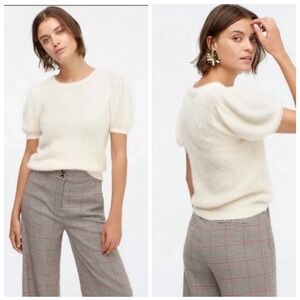 The Reeds x J. Crew Fuzzy‎ Sweater Top XS Short Sleeve Ivory Puff Sleeve